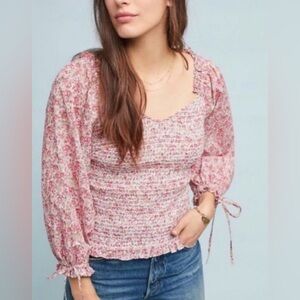 Anthropologie Ranna Gill Floral Pink Smocked Long Sleeve Blouse Size XS Feminine